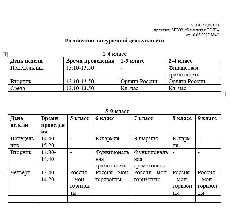 расписание внеурочной деятельности.